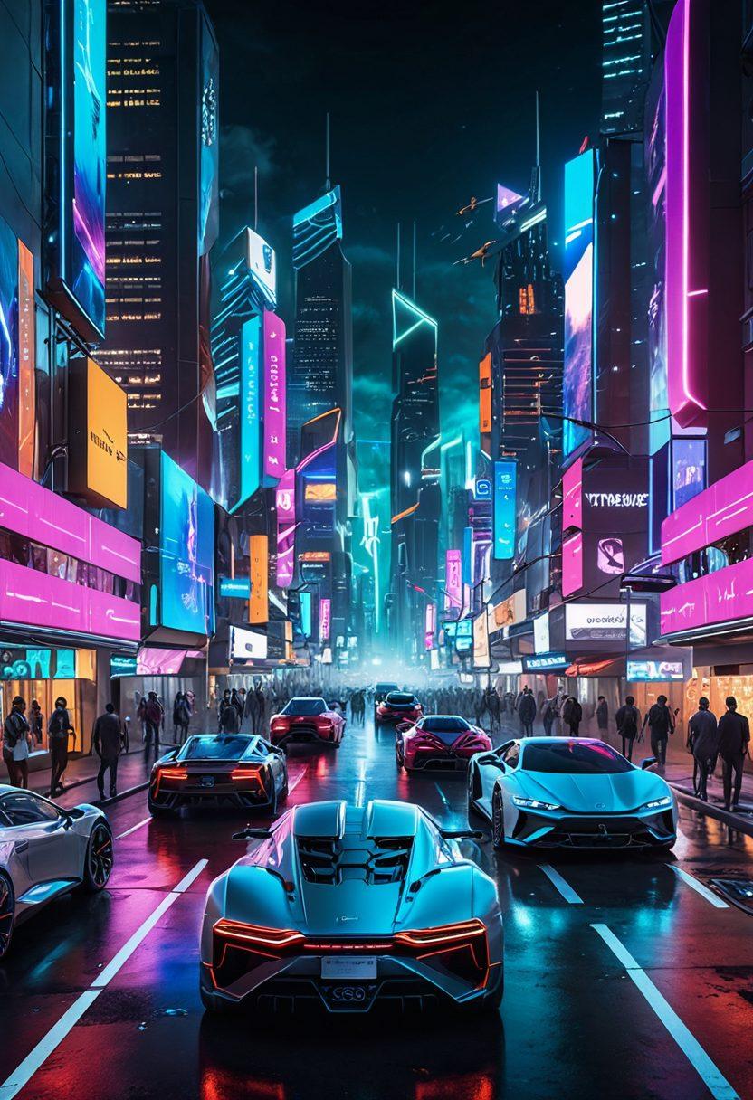 A futuristic cityscape filled with advanced technology, showcasing flying cars, holographic displays, and smart buildings. In the foreground, diverse individuals are interacting with digital gadgets, symbolizing innovation and collaboration. Bright neon lights and vibrant colors highlight the dynamic environment, creating a sense of excitement for the future. super-realistic. vibrant colors. cyberpunk.