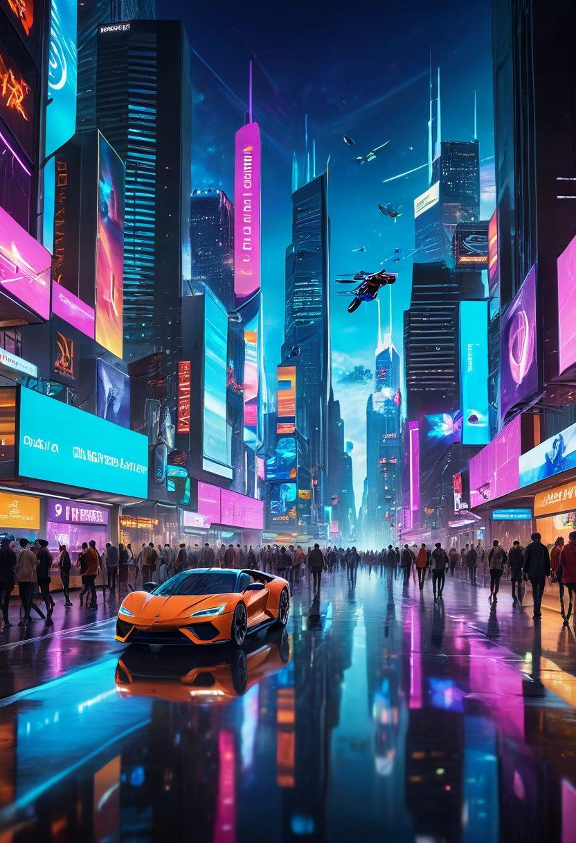 A futuristic cityscape filled with dynamic technology, featuring holographic displays, flying vehicles, and smart infrastructure. In the foreground, a diverse group of people explore and interact with digital gadgets, showcasing the latest tech trends. Bright neon lights and vivid colors illuminate the scene, emphasizing a sense of innovation and discovery. super-realistic. vibrant colors. futuristic style.