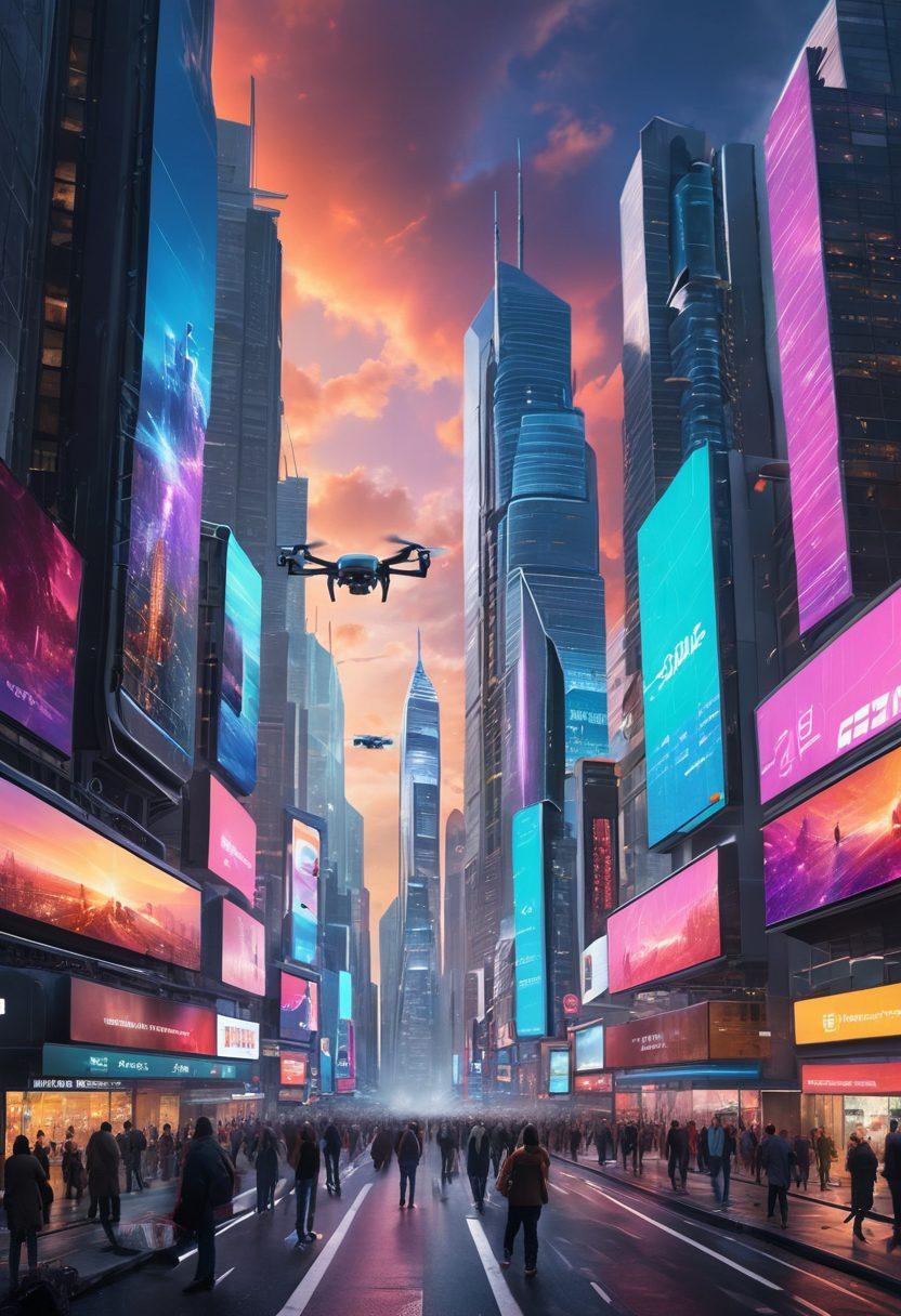 A futuristic city skyline with advanced technology like flying cars and digital billboards displaying tech trends. In the foreground, a diverse group of people engaged with holographic devices showcasing emerging technologies. The sky is filled with drones and high-tech gadgets, symbolizing innovation. The overall atmosphere is vibrant and dynamic, suggesting progress and change. super-realistic. vibrant colors. 3D.
